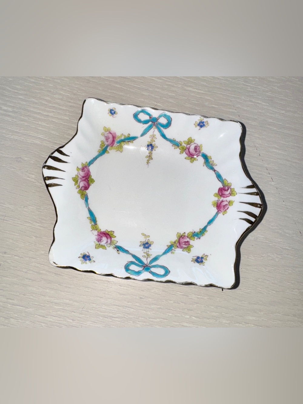 Rare Vintage Crown Staffordshire Blue Bow Demitasse Trinket Dish